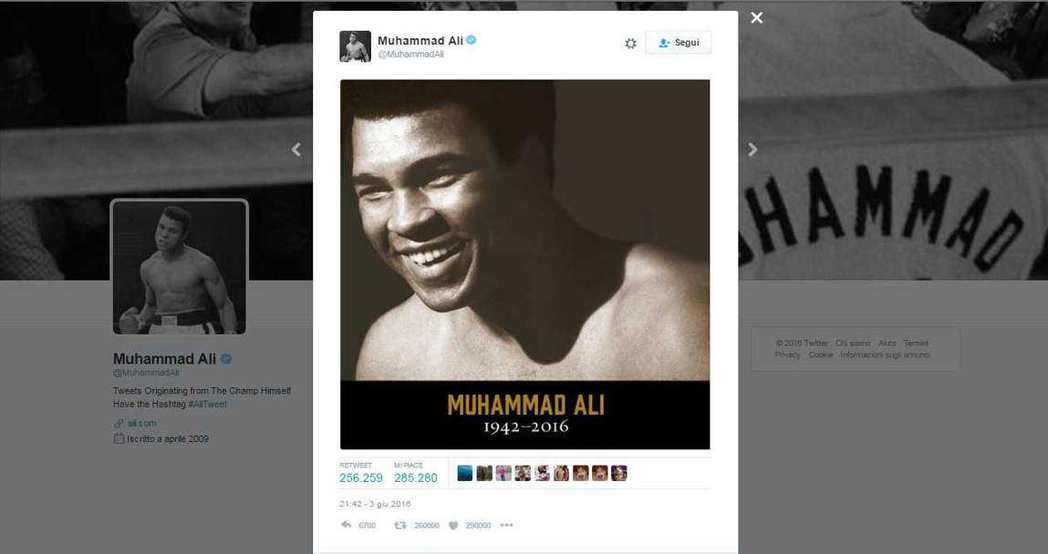 2. L’account ufficiale di Muhammad Ali ricorda la leggenda del pugilato – 257.000 retweet